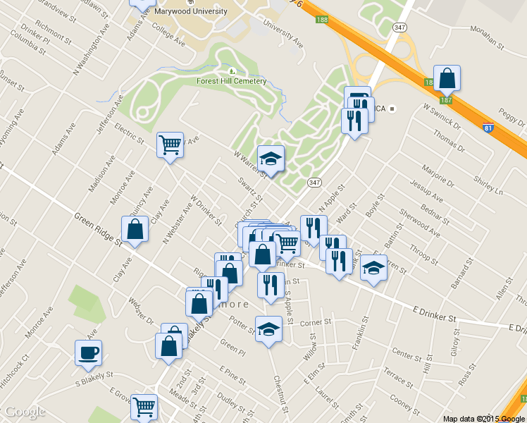 map of restaurants, bars, coffee shops, grocery stores, and more near 123 Swartz Street in Dunmore