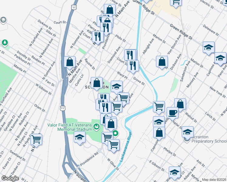 map of restaurants, bars, coffee shops, grocery stores, and more near 901-999 Meade Avenue in Scranton