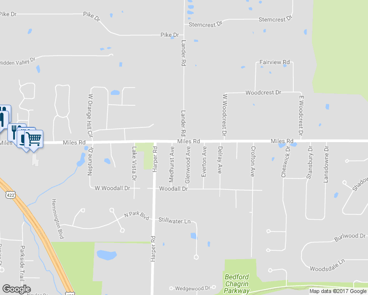 map of restaurants, bars, coffee shops, grocery stores, and more near 30320 Miles Road in Solon