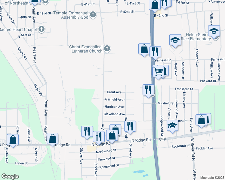 map of restaurants, bars, coffee shops, grocery stores, and more near 2043 Grant Avenue in Lorain