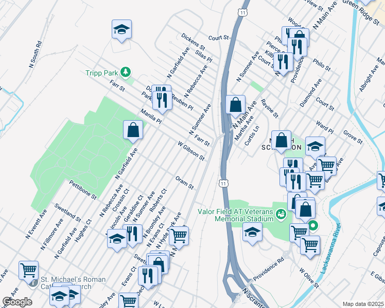 map of restaurants, bars, coffee shops, grocery stores, and more near 855 North Bromley Avenue in Scranton