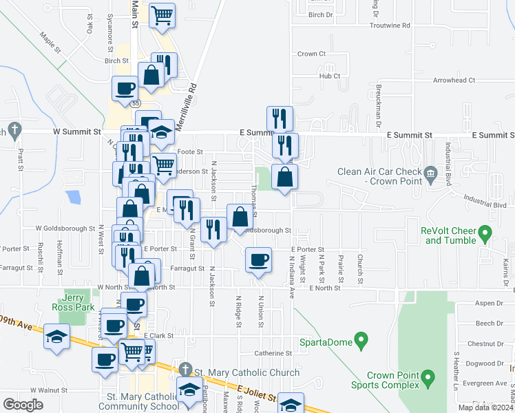 map of restaurants, bars, coffee shops, grocery stores, and more near 702 East Monitor Street in Crown Point
