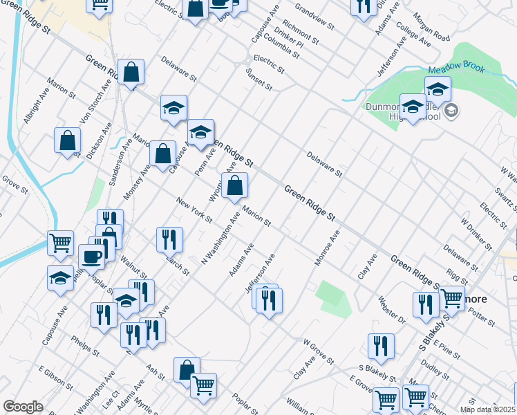 map of restaurants, bars, coffee shops, grocery stores, and more near 1505 Adams Ave in Dunmore