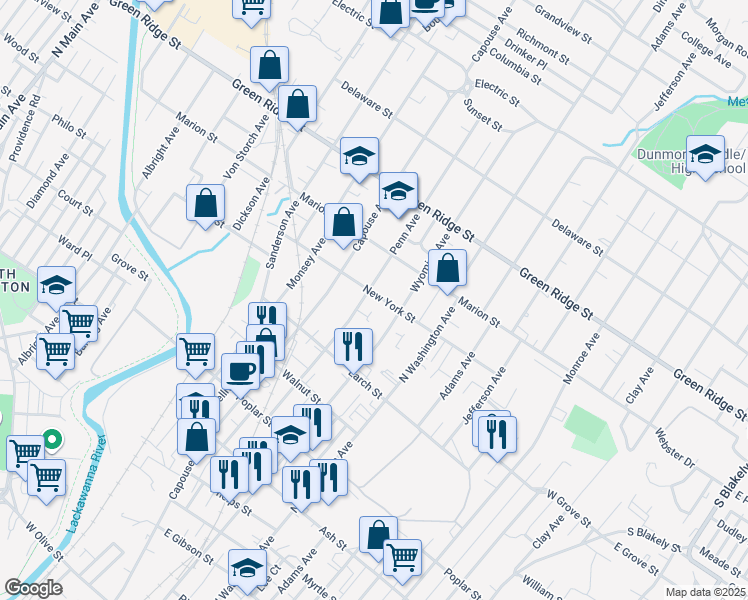 map of restaurants, bars, coffee shops, grocery stores, and more near 318 New York Street in Scranton