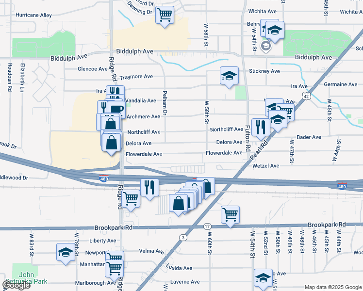 map of restaurants, bars, coffee shops, grocery stores, and more near 6033 Delora Avenue in Brooklyn