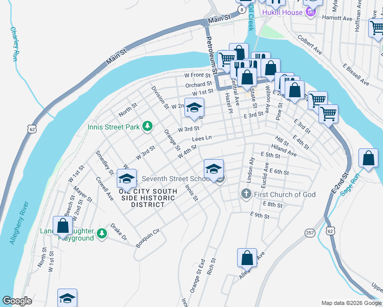 map of restaurants, bars, coffee shops, grocery stores, and more near 109 W 4th St in Oil City