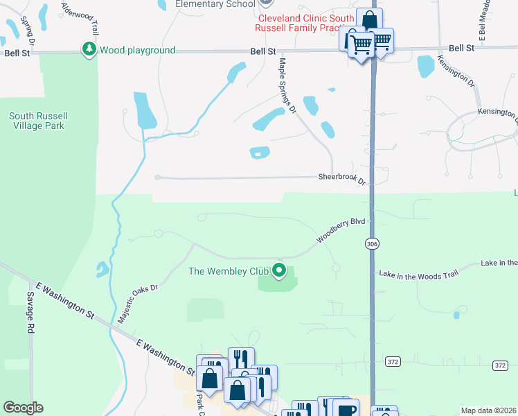 map of restaurants, bars, coffee shops, grocery stores, and more near 8300 Wembley Court in Chagrin Falls