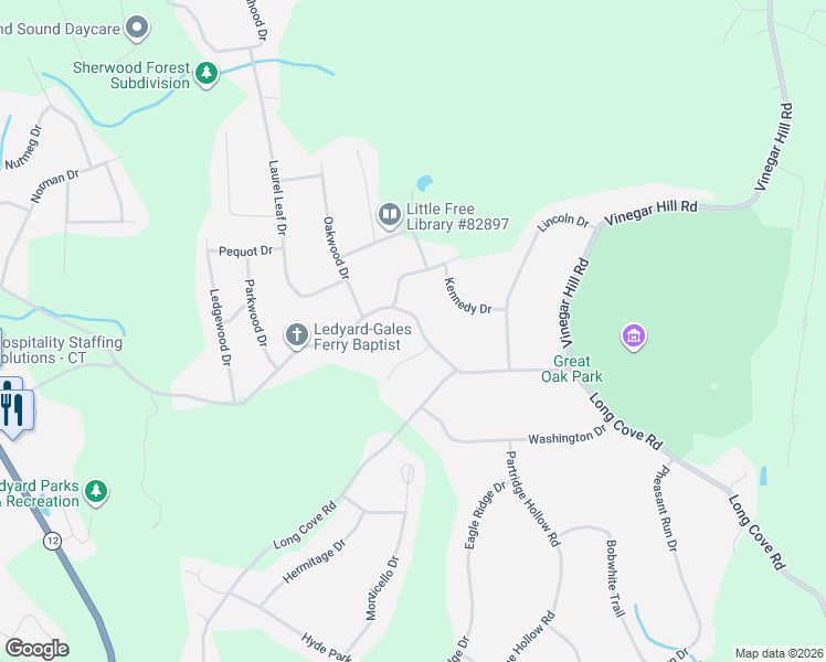 map of restaurants, bars, coffee shops, grocery stores, and more near 10 Christy Hill Road in Ledyard