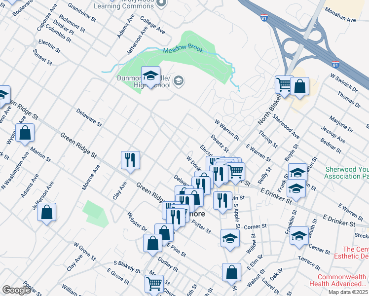map of restaurants, bars, coffee shops, grocery stores, and more near in Dunmore