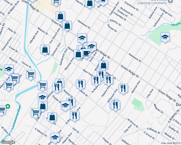 map of restaurants, bars, coffee shops, grocery stores, and more near 318 New York Street in Scranton