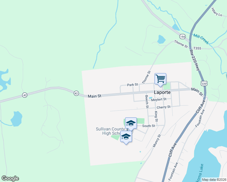 map of restaurants, bars, coffee shops, grocery stores, and more near 874 Main Street in Muncy Valley
