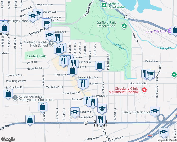 map of restaurants, bars, coffee shops, grocery stores, and more near 11008 Plymouth Avenue in Garfield Heights