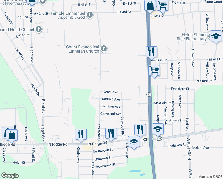map of restaurants, bars, coffee shops, grocery stores, and more near 2043 Grant Avenue in Lorain