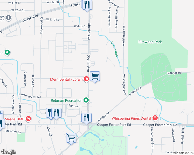 map of restaurants, bars, coffee shops, grocery stores, and more near 4953 Oberlin Avenue in Lorain