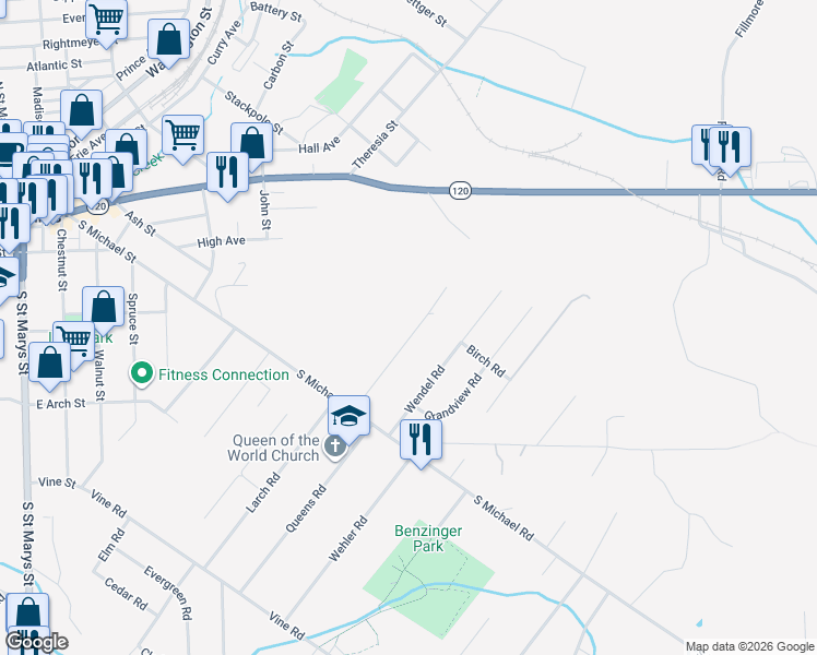 map of restaurants, bars, coffee shops, grocery stores, and more near 137 Poplar Road in Saint Marys