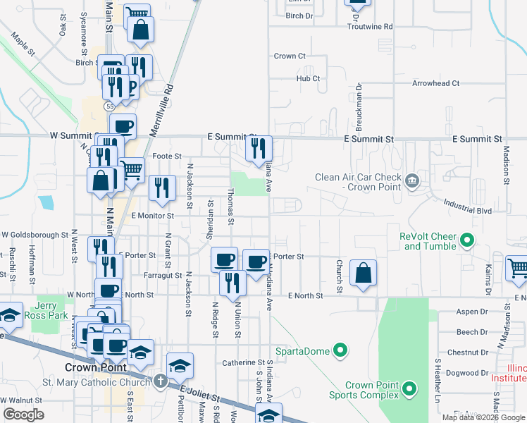 map of restaurants, bars, coffee shops, grocery stores, and more near 812 East Monitor Street in Crown Point