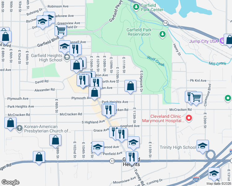 map of restaurants, bars, coffee shops, grocery stores, and more near 11008 Plymouth Avenue in Garfield Heights