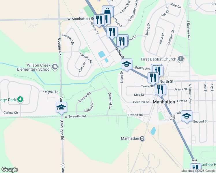 map of restaurants, bars, coffee shops, grocery stores, and more near 25483 O'Connel Lane in Manhattan