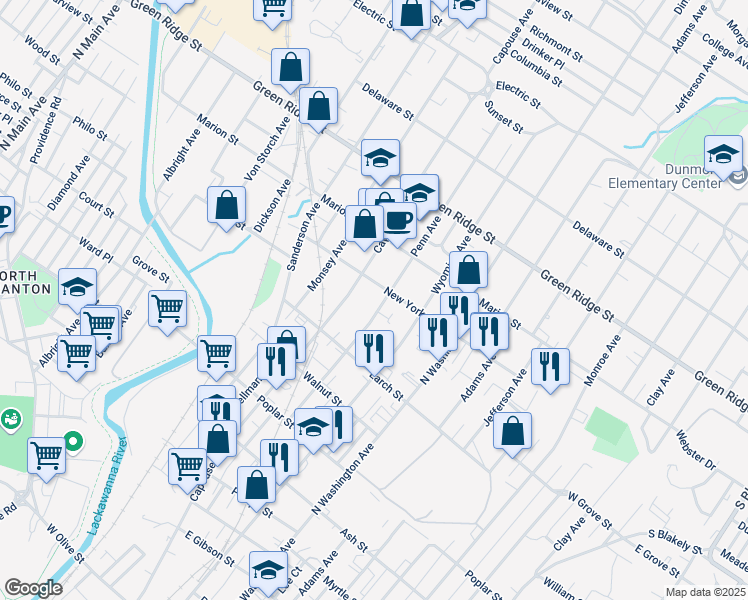 map of restaurants, bars, coffee shops, grocery stores, and more near 1359 Penn Avenue in Scranton