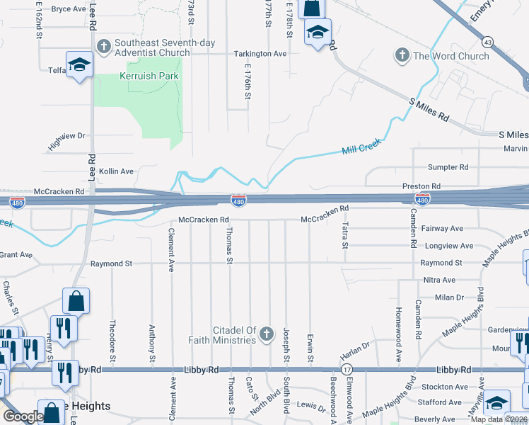 map of restaurants, bars, coffee shops, grocery stores, and more near 17905 McCracken Road in Maple Heights