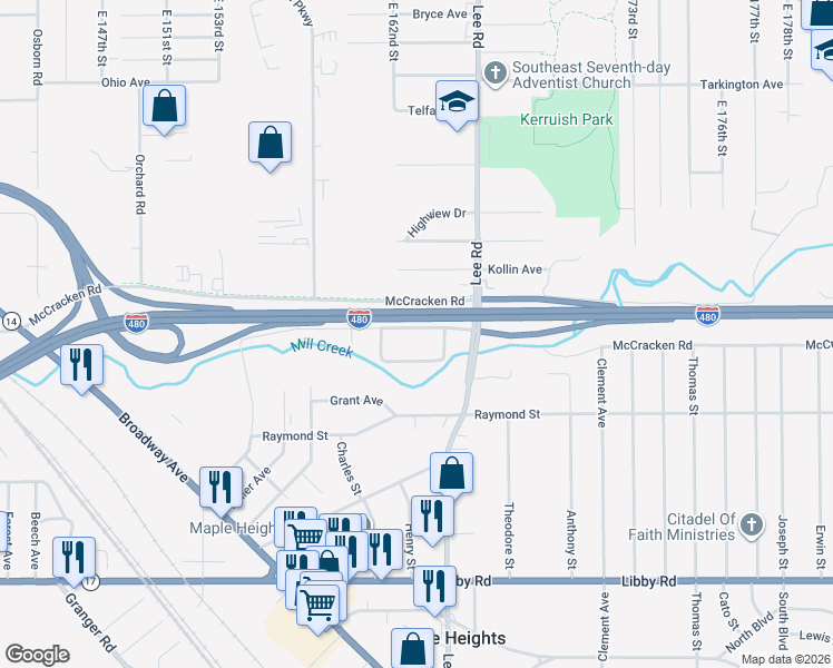 map of restaurants, bars, coffee shops, grocery stores, and more near 16300 McCracken Road in Cleveland