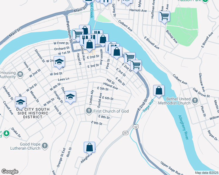 map of restaurants, bars, coffee shops, grocery stores, and more near 116 E 5th St in Oil City
