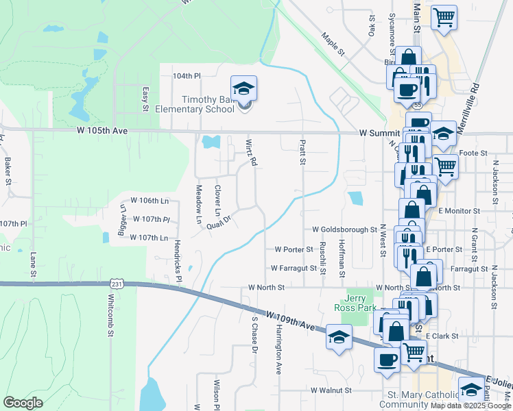 map of restaurants, bars, coffee shops, grocery stores, and more near 699 Wirtz Road in Crown Point