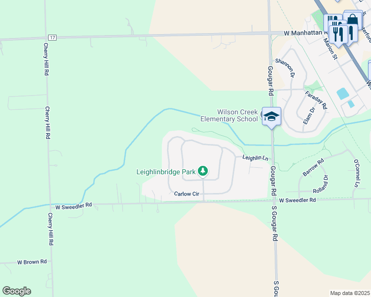 map of restaurants, bars, coffee shops, grocery stores, and more near 16319 Celtic Circle in Manhattan