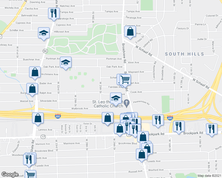 map of restaurants, bars, coffee shops, grocery stores, and more near 2309 Fairdale Avenue in Cleveland