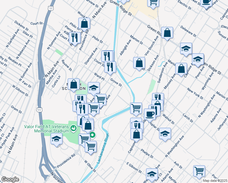 map of restaurants, bars, coffee shops, grocery stores, and more near 101 West Poplar Avenue in Scranton