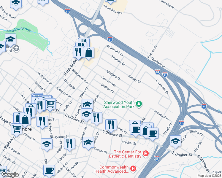 map of restaurants, bars, coffee shops, grocery stores, and more near 517 Bednar Street in Dunmore