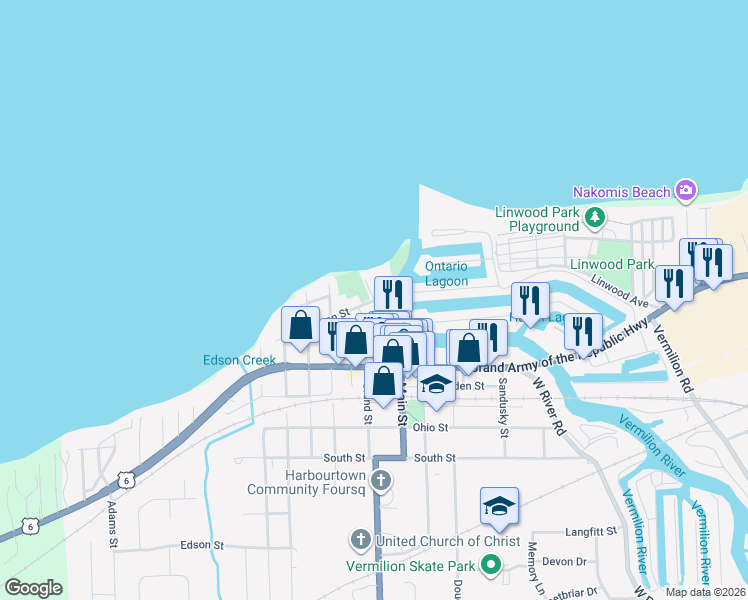 map of restaurants, bars, coffee shops, grocery stores, and more near Main Street & Huron Street in Vermilion