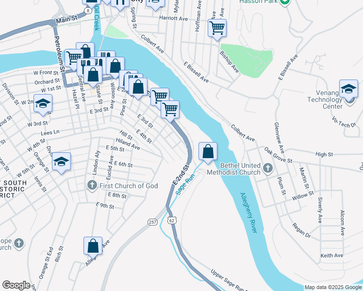 map of restaurants, bars, coffee shops, grocery stores, and more near 804 East 3rd Street in Oil City