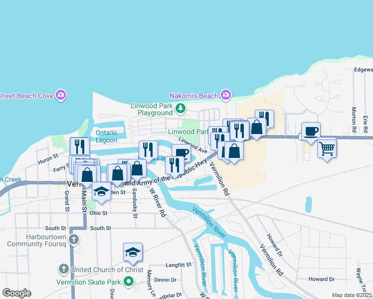 map of restaurants, bars, coffee shops, grocery stores, and more near 5025 Portage Drive in Vermilion