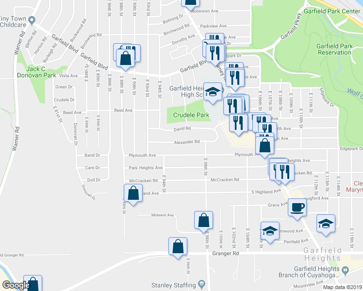 map of restaurants, bars, coffee shops, grocery stores, and more near 9604 Alexander Road in Garfield Heights