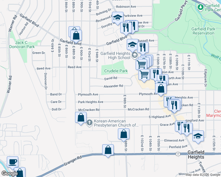 map of restaurants, bars, coffee shops, grocery stores, and more near 9516 Alexander Road in Garfield Heights