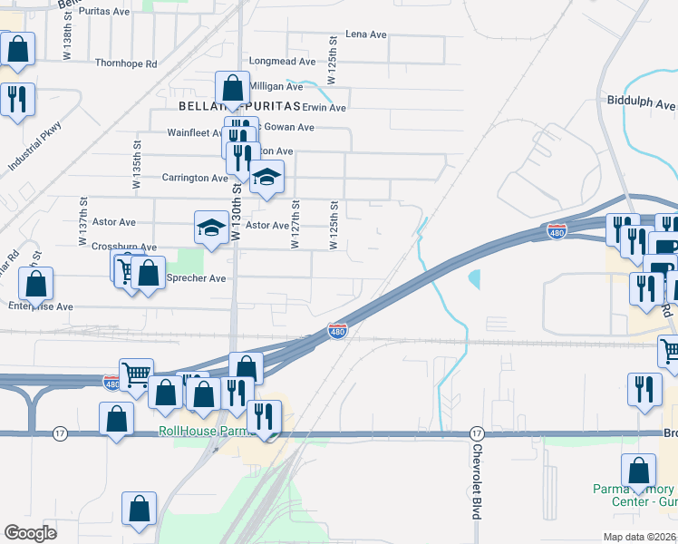 map of restaurants, bars, coffee shops, grocery stores, and more near 12412 Sprecher Avenue in Cleveland