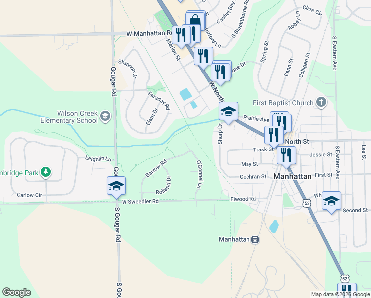 map of restaurants, bars, coffee shops, grocery stores, and more near 25483 O'Connel Lane in Manhattan