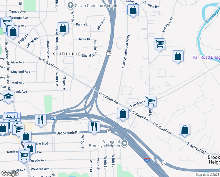 map of restaurants, bars, coffee shops, grocery stores, and more near 4770 Hinckley Industrial Parkway in Cleveland