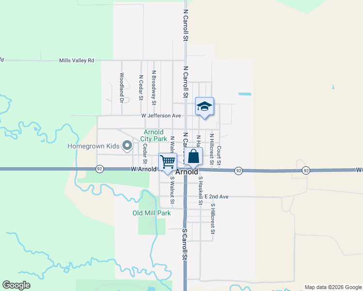 map of restaurants, bars, coffee shops, grocery stores, and more near 200-208 North Carroll Street in Arnold