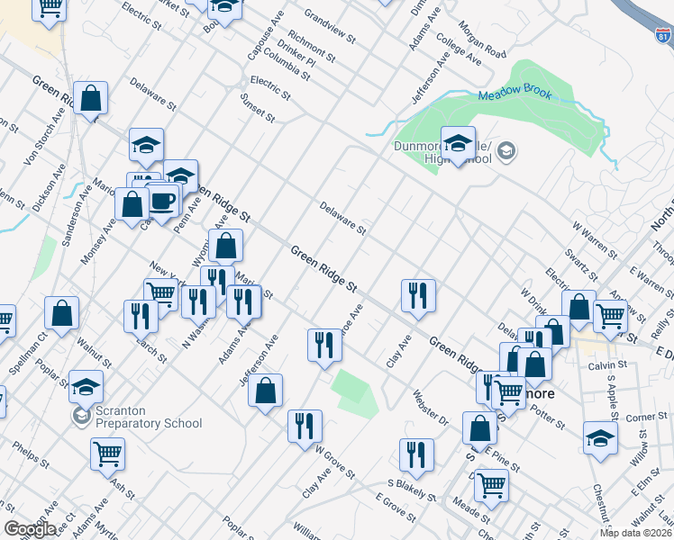 map of restaurants, bars, coffee shops, grocery stores, and more near 1404 Green Ridge Street in Dunmore
