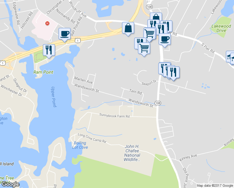 map of restaurants, bars, coffee shops, grocery stores, and more near 359 Wandsworth Street in Narragansett