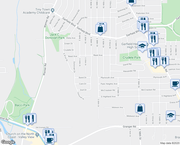 map of restaurants, bars, coffee shops, grocery stores, and more near 5026 East 86th Street in Garfield Heights