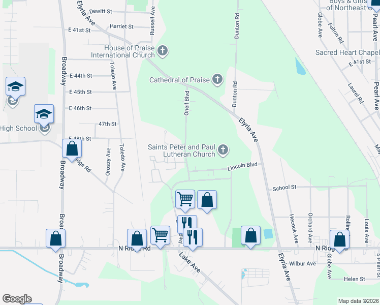 map of restaurants, bars, coffee shops, grocery stores, and more near 4950 Oneil Boulevard in Lorain