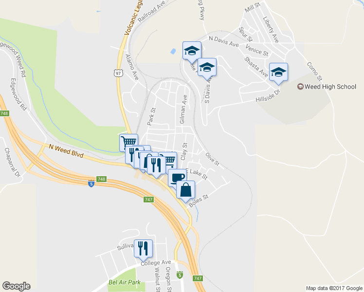 map of restaurants, bars, coffee shops, grocery stores, and more near 226 Clay Street in Weed
