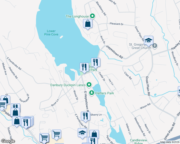 map of restaurants, bars, coffee shops, grocery stores, and more near 48 Hayestown Road in Danbury