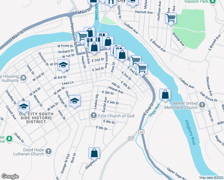 map of restaurants, bars, coffee shops, grocery stores, and more near 116 East 5th Street in Oil City