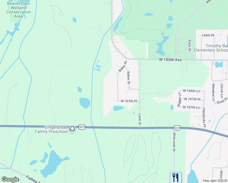 map of restaurants, bars, coffee shops, grocery stores, and more near 10500-10698 Baker Pl in Crown Point