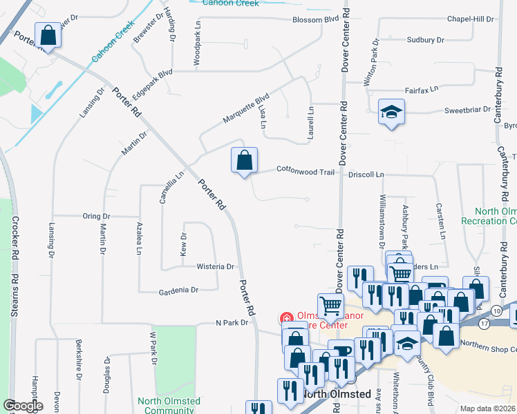 map of restaurants, bars, coffee shops, grocery stores, and more near 27645 Linwood Circle in North Olmsted