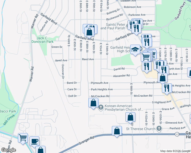 map of restaurants, bars, coffee shops, grocery stores, and more near 4991 East 90th Street in Garfield Heights